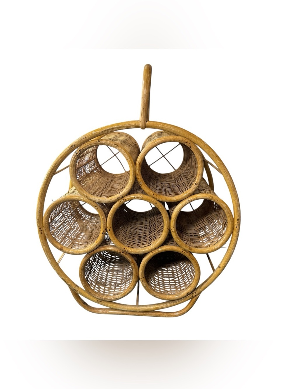 Vintage Bent Wood Wicker Caned Round Wine Rack With Handle Round